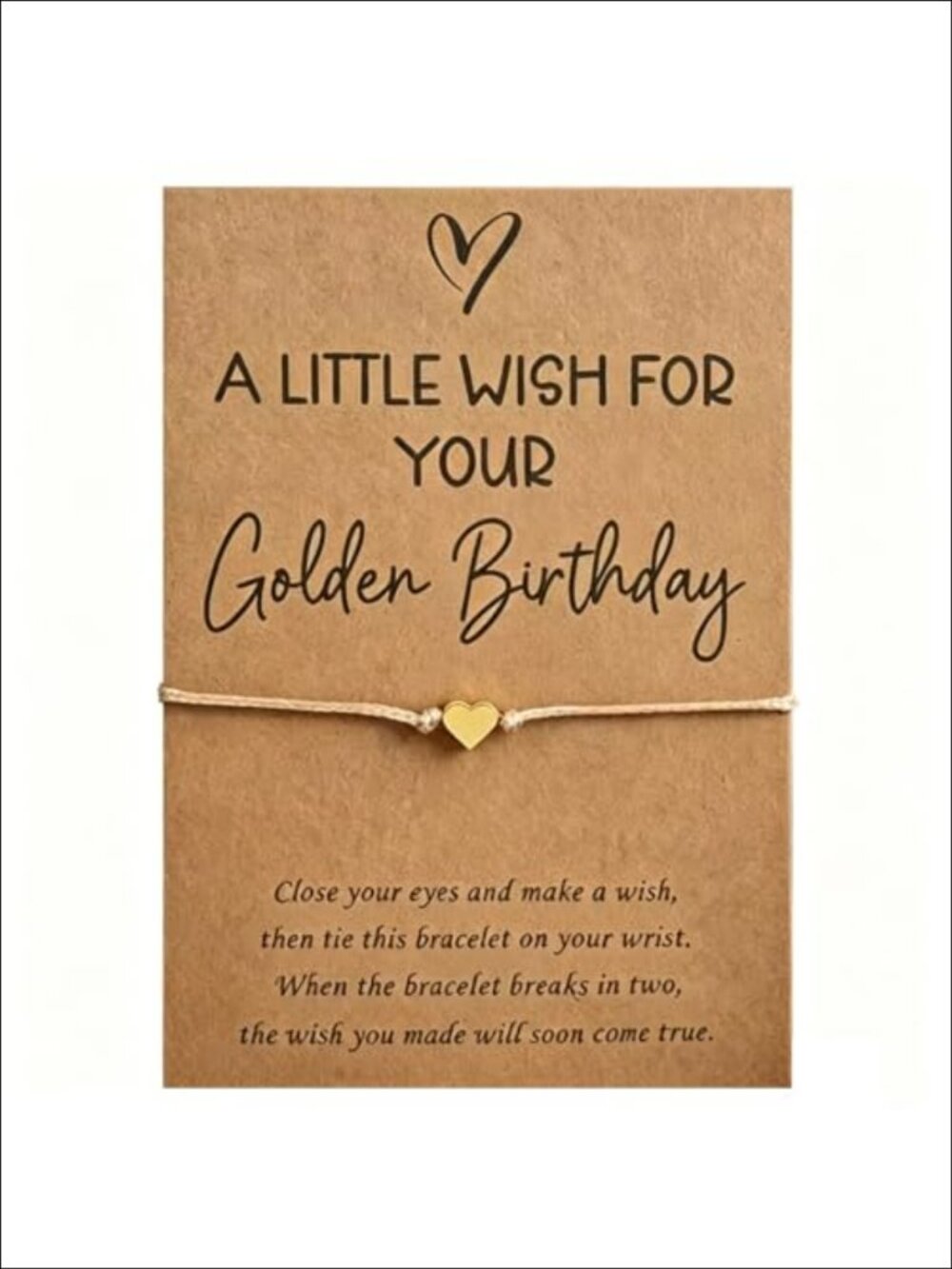 Golden Birthday Wish Bracelet Heart Charm Adjustable Sliding Knot